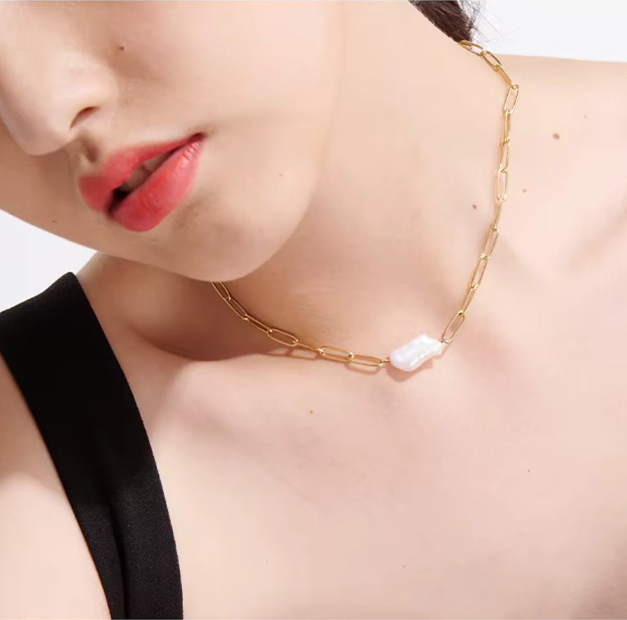 Yhpup Stainless Steel Natural Pearl Pendant Necklace Metal Chain High Quality Jewelry Gold Color Collar for Women Girls Gift