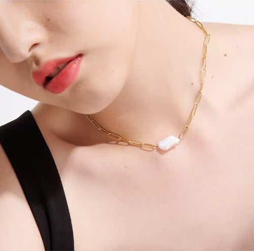 Yhpup Stainless Steel Natural Pearl Pendant Necklace Metal Chain High Quality Jewelry Gold Color Collar for Women Girls Gift