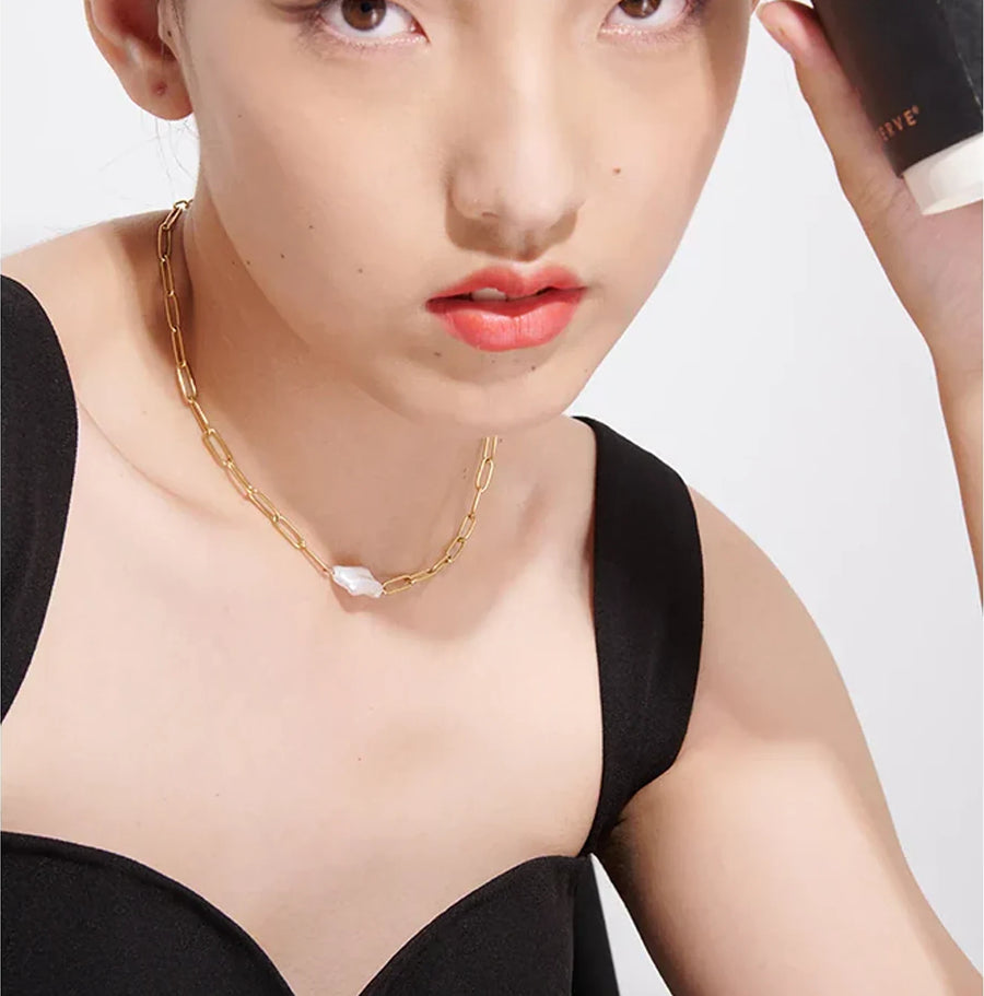 Yhpup Stainless Steel Natural Pearl Pendant Necklace Metal Chain High Quality Jewelry Gold Color Collar for Women Girls Gift