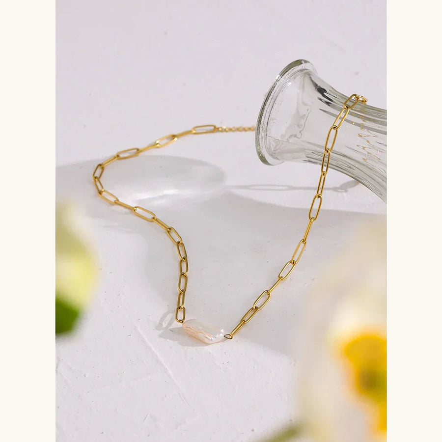 Yhpup Stainless Steel Natural Pearl Pendant Necklace Metal Chain High Quality Jewelry Gold Color Collar for Women Girls Gift